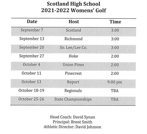 2021-2022 Womens' Golf Schedule